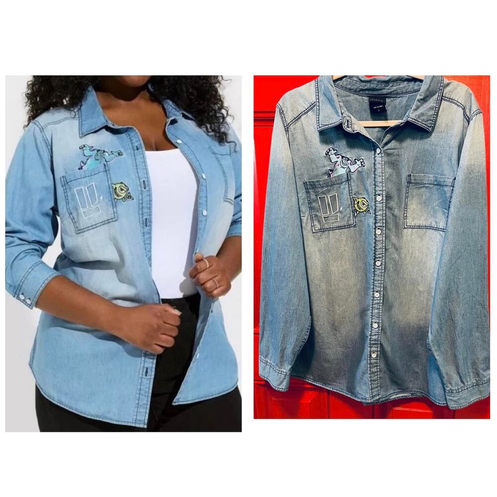 Torrid Disney Pixar Monsters Inc Sully Mike Button Up Chambray Denim Shirt 2X